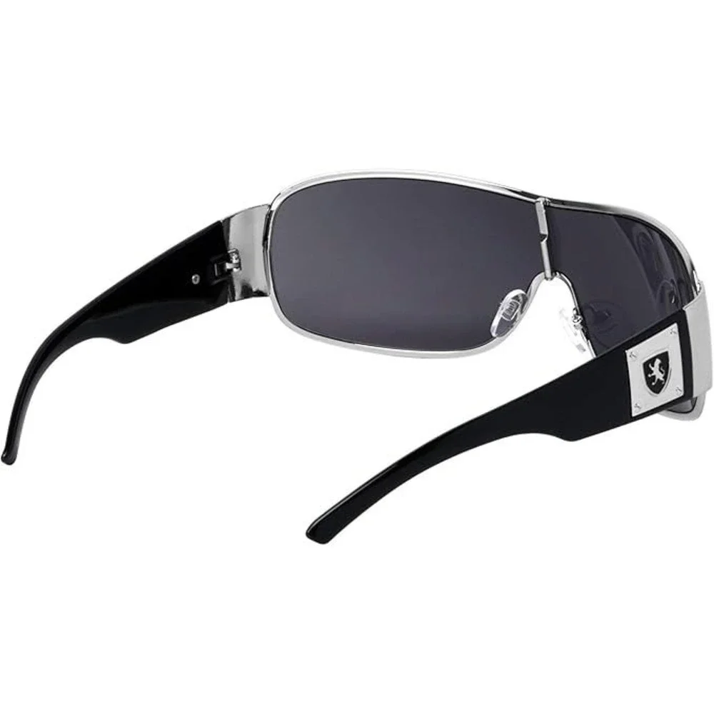 Men Shield Sunglasses Silver Black Wrap Around UV400 Hip Hop Gangster Streetwear